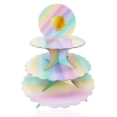 China Recyclable Cake Topper Unicorn Party Decoration 3 Tier Cupcake Stand Cardboard Cart Paper Unicorn Birthday Party Decorations Supplies for sale