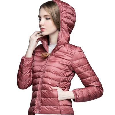 China Low MOQ Breathable Print Embroidery LOGO Outdoor Woman Ladies Lightweight Duck Goose Down Jacket Hooded Feather Women for sale