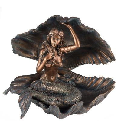 China Nautical Sculpture Casting Factory Custom Bronze Statue Mermaid Statue In the Shell Design For Fountain Decor for sale