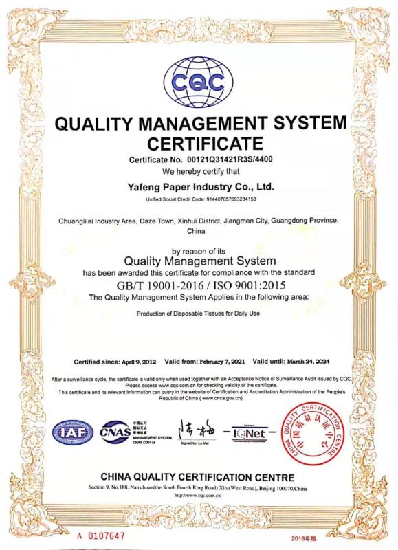 ISO9001 - Yafeng Paper Industry Co., Ltd.