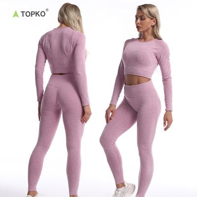 China TOPKO Breathable Factory Ribbed Seamless Yoga Set Stripe Workout Fitness Women Sports Gym Clothing for sale