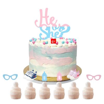 China TX Acrylic Baby Shower Gender Reveal DIY Theme Acrylic Blue Boy or Girl Him or Her for Cupcake Topper Kit For Baby Show Party Decoration for sale