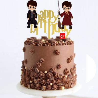 China TX Birthday Wizard Harry Happy Birthday Black Gold Mirror Cake Topper For Harry Magical Wizard Acrylic Party Supplies Decoration for sale