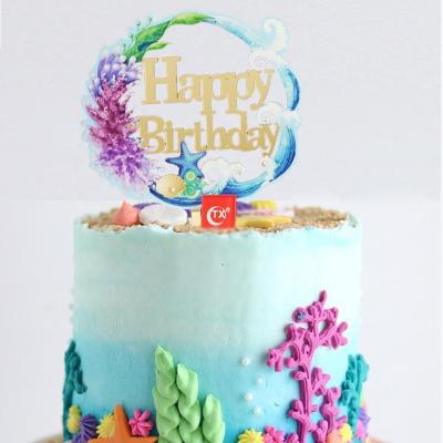 China UV Printing Acrylic Cake Topper For Birthday Party Favor Birthday Party Decoration TX Hot Sale Happy Birthday Mermaid Seahorse Blue Sea Blue Sea for sale