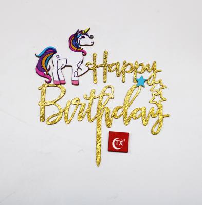 China TX Acrylic Personalized 3D Art Painting Unicorn Acrylic Cake Topper With Floral Happy Birthday Cake Topper Baby Party Cake Topper for sale