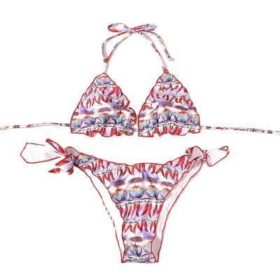 China European and American tide pink bikini designer drawstring swimsuit triangle swimwear sexy floral bikini for sale