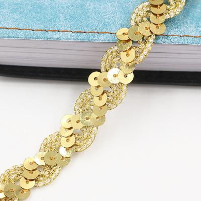 China Viable Hot Sale Carnival Metallic Gold Sequin Border Lace Up Trim For Clothes Curtain Home Textiles for sale