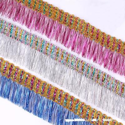 China Bags Wholesale Luxury Sewing Accessories Sparkle Metallic Gold Colors Tassel Fringe Skirt Edge Border Silver Multi Ethnic Lace Trim for sale