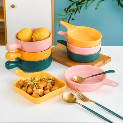 China Convenient Ceramic Baking Dish Bakeware Ceramic Baking Dish With Handle Pasta Salad Bowl Porcelain Oven Dish Bakeware for sale