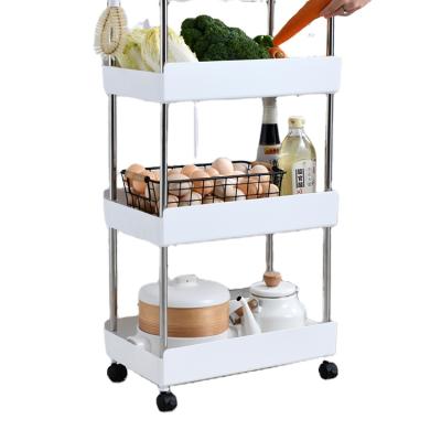 China Stocked 2021 Hot Selling White Layers Multifunctional Bathroom Storage Shelf 3 4 Movable Storage Shelf With Wheels for sale