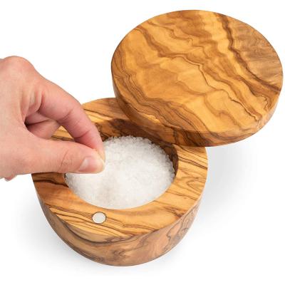 China Sustainable Olive Wood Salt Box Round Wooden Salt Keeper With Lid , Olive Wood Seasoning Box for sale