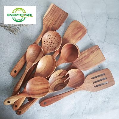 China Sustainable wooden kitchen utensils set, natural teak wood spoon and spatula for high heat stirring, baking, non stick pans. for sale