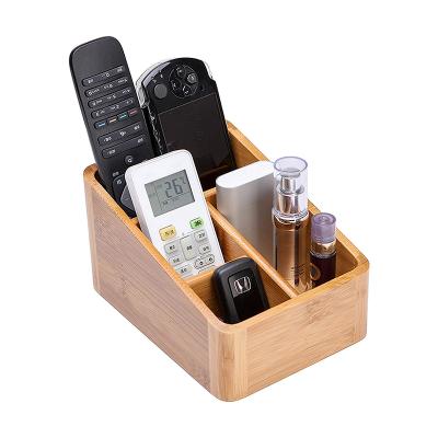 China Viable Home Sundries Bamboo Storage Box with 4 Compartments, Desktop Remote Control Holder for sale