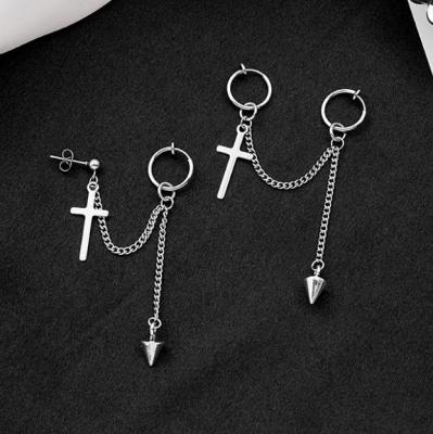 China Fashion Kpop Stars GOT7 Stainless Steel Cross Chain Tassel Earring Cut Hip Hop Stud Earrings for sale