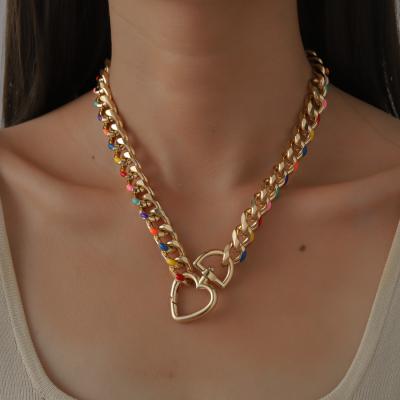 China Durable European American Style Real Gold Plated Heart Buckle Chunky Chain Necklace Creative Rainbow Color Oil Drop Necklace for sale