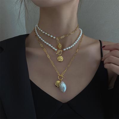 China Retro Sweater Chain Necklace Baroque Pearl Geometry Stacked OT Chain Necklace for sale