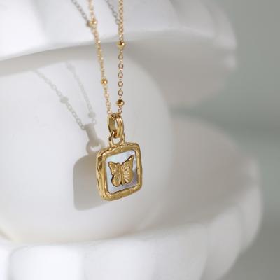 China Durable Hot Sale Design 18k Gold Plated Square Shell Butterfly Necklace Stainless Steel Butterfly Sweater Necklace for sale