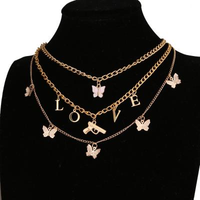 China Women's Crystal Pistol Locket Necklace Layered Chain Necklaces Hip Hop Butterfly Durable Punk Choker Necklace for sale