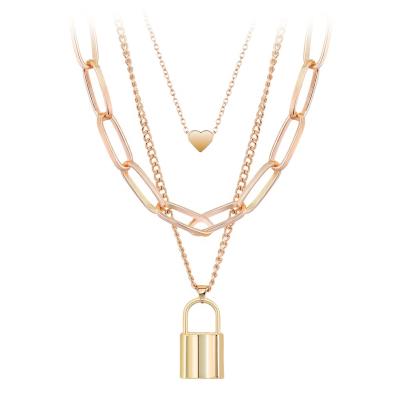 China High quality punk style link love heart and lock necklace fashionable hot selling female multilayer long chain jewelry for sale