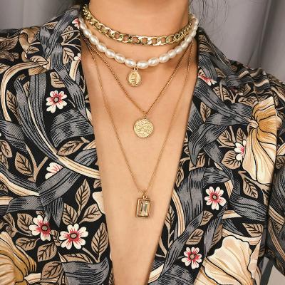 China Wholesale Vintage Multilayer Coin Necklace Faux Pearl Sweater Chain Pendant Necklace for sale