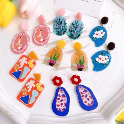 China Eco-Friendly Korean Retro Fashion S925 Silver Needle Fun Graffiti Acrylic Colorful Drop Earrings For Women for sale