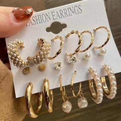 China CLASSIC Hot Selling C-Shaped Earrings Personality Combination 9-Piece Pearl Gold Twist Circle Dangle Drop Earrings for sale