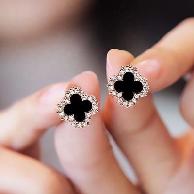 China Fashionable And Simple Black Four Leaf Clover Full Environmental Friendly Diamond Zircon Earrings For Women Jewelry for sale