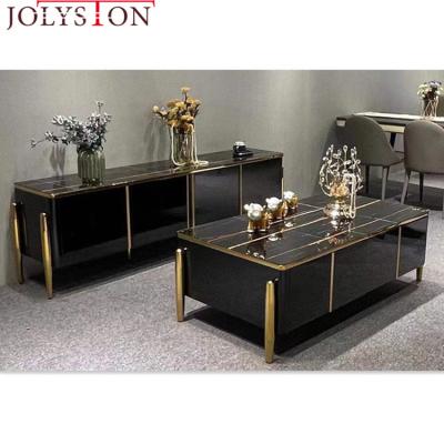 China Durable Modern Luxury Living Room TV Cabinet Gold Stainless Steel TV Stand And Coffee Table Set for sale