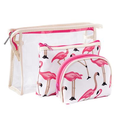 China Waterproof Woman Flamingo Waterproof PVC Canvas Cosmetic Bag 3 Pcs/Set Travel Makeup Pouch Bags Cosmetic Cases Set for sale