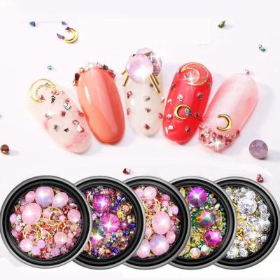 China Shiny Colorful Customize 6 Types Professional Nail Salon Products Decals 3d Nail Art Rhinestones Rivets With Box for sale