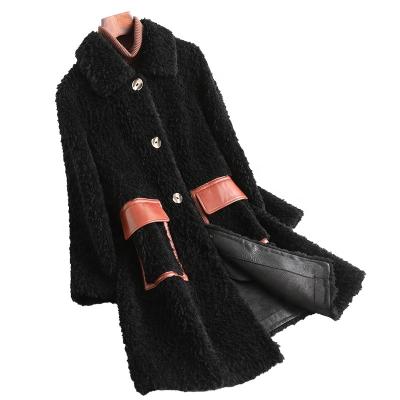 China YOUANNA Anti-Wrinkle Winter Wool Shearing Lady Official Trench Real Fur CoatHW5072 Long Jacket Sheep Shearing Coat for sale