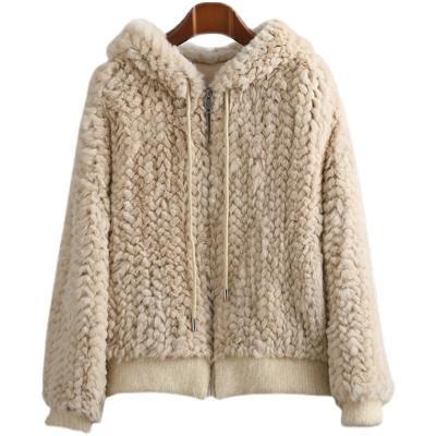 China YOUANNA Casual Anti-Wrinkle Woman Jacket Winter Rex Fur Coat Lady Striped Hooded Rabbit Fur Jacket High Street Coat HW5129 for sale