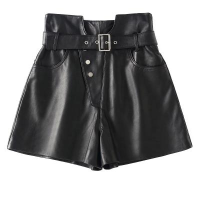 China YOUANNA Anti-Wrinkle Woman Harajuku Genuine Leather Women Short With Belt Woman High Waist Hhaki Causal Mujer Sexy Booty Shorts HW3079 for sale