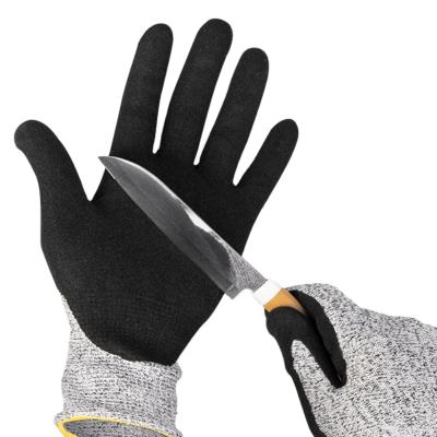 China Gauge En388 4544 Hppe Glove Sandy Nitrile Coated Dipping Construction Anti-cut 13 Cut Resistant Work Safety Level 5 Anti Cut Glove for sale