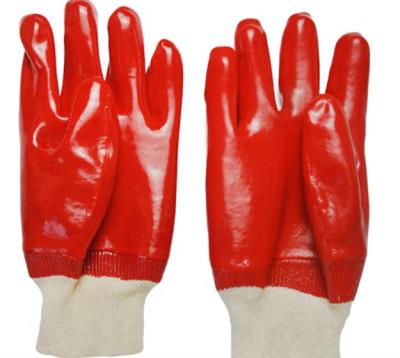 China Hand Protection EN388 Anti-oil Knit Wrist Interlock Red PVC Gloves Full Coated Smooth Finish Working Gloves for sale