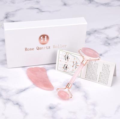 China Good Quality Rose Gold Jade Roller Gua Sha Comfortable Factory Set Rose Quartz Jade Roller Set With Box for sale