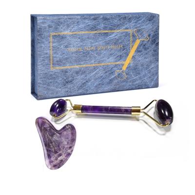 China Hot Sale Amethyst Crystal Jade Roller Purple Jade Roller and Face Factory 100% Real Gua Sha Set Ready To Ship for sale