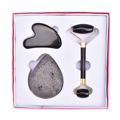 China Natural Stone Black Obsidian Jade Roller Private Label, Jade Face Roller And Gua Sha Massage Face Massager 100% OEM ODM Set for sale