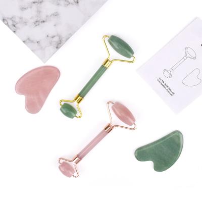 China Comfortable Chinese Natural Skin Tool Jade Green Roller Rose Quartz Facial Roller Gua Sha Scrub Face Roller Set Private Label for sale