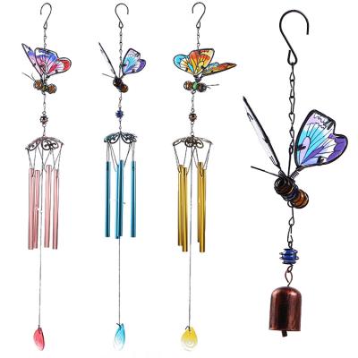 China Minimalist Metal Garden Glass Painted Pendant Ornaments 3D Butterfly Iron Handwork Wind Chimes for sale