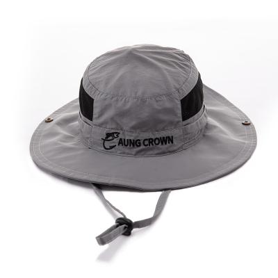 China Custom Character Embroidery Logo Outdoor Wide Brim Sun Protection UV Fisherman Bucket Hat With Strings for sale