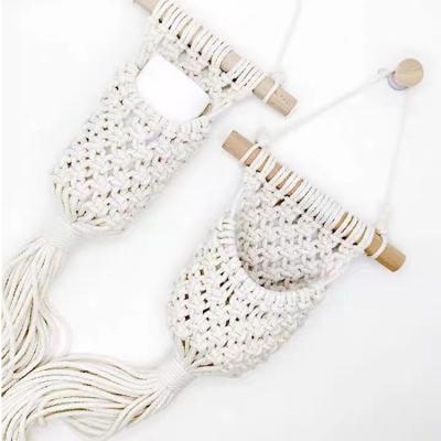 China Handmade Plant Outdoor Pot Cotton Rope Bohemian Macrame Tie Up Wall Hanging Plant Hangers Wood Woven Shelf for sale