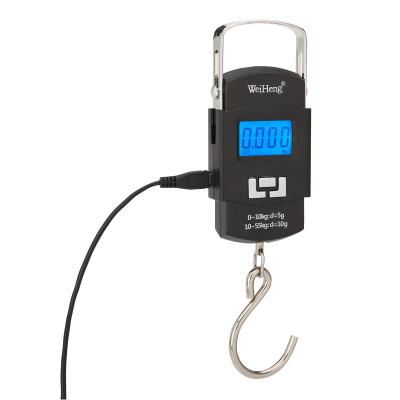 China Weight Measuring Guangzhou Weiheng WH-A25 Portable Hand Weight Scale 55 Kg USB RechargeableLuggage With Big Hook for sale