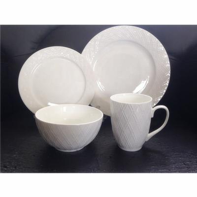 China Sustainable hot sale morden ceramic white embossed dinner set 16pcs fine china dinnerware set for 4 people for sale