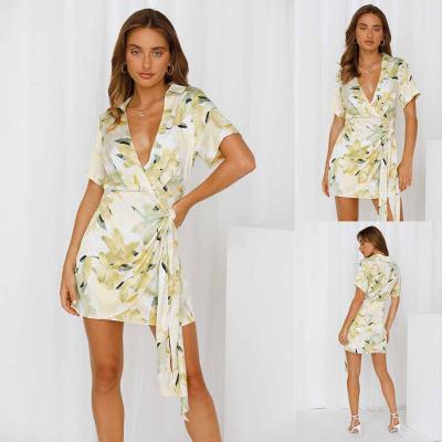 China Summer V-Neckline Floral Print Causal Dress With Sash Elegant Ladies Dress Casual Summer for sale