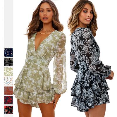 China Summer Floral Printing Ruffled Bottom Overalls Womens V-Neck Minimalist Sexy Overalls Jumpsuit For Women for sale