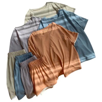 China 2021 Summer Loose Breathable Solid T-shirt Women Loungewear And Women Shorts Sets for sale