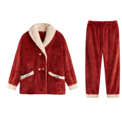 China Soft Coral Fleece Pajamas Women Fall And Winter Cardigan Plus Fleece Loungewear Women Sets for sale