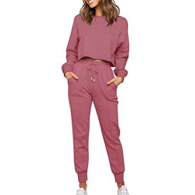 China Breathable Women 2 Pieces Set Pure Color Long Sleeve Pants Round Neck Casual Sports Suit Women Sweat Suit Tracksuit For Women for sale