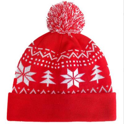 China Wool Knitted Jacquard Wool Brim Ball Folded New Year Gift Winter Christmas Warm Christmas Hat for sale